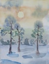 Winter pine forest in dawn primitive watercolor art Royalty Free Stock Photo