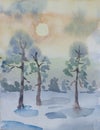 Winter pine forest in dawn primitive watercolor art