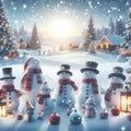 Many Snowmen Stand Tall, Creating a Charming Christmas Scene in the Snowy Landscape. Generative ai for illustrations