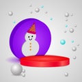 3d red circle podium. winter grey background with snowman and snowflakes