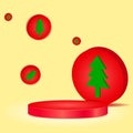 3d red circle podium. winter yellow background with trees