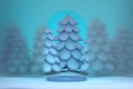 Winter podium with fir trees behind frosted glass and an arch in blue with northern lights. 3D Render