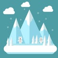 Winter polar flat landscape. Mountain resort concept scene. Winter time landscape in flat design with polar bears, mountains, tree Royalty Free Stock Photo