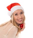 Winter portrait of joyful woman in Santa hat Royalty Free Stock Photo