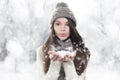 Winter Portrait. Young, Beautiful Woman Blowing Snow