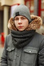 Winter portrait of a young man in a stylish fashionable winter Royalty Free Stock Photo