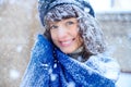 Winter portrait of a young woman. Beauty Joyous Model Girl touching her face skin and laughing, having fun in the winter park. Bea Royalty Free Stock Photo