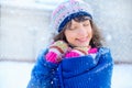 Winter portrait of a young woman. Beauty Joyous Model Girl touching her face skin and laughing, having fun in the winter park. Bea Royalty Free Stock Photo