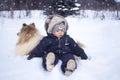 Winter portrtrait of baby and dog Royalty Free Stock Photo