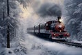 Winter postcard. Retro train goes through winter forest Royalty Free Stock Photo