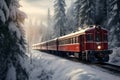 Winter postcard. Retro train goes through winter forest Royalty Free Stock Photo