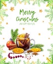 Winter postcard with text Merry Christmas and Happy New Year. Cup with mulled wine, orange slices and spruce branches.