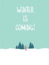 Winter postcard vector template with skis in the snow and minimalist landscape. Winter holiday or vacation banner.