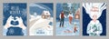 Winter poster background. Season holiday greetings set with people, snow, fir tree, house, snowflakes, snowman and other