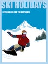 Winter poster. An experienced snowboarder descends from a downhill mountain. Sports descent on a snowboard from the