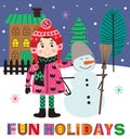 Winter poster with girl and snowman