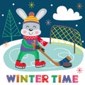 Winter poster hare plays hockey