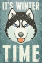 Winter Poster with Husky. Vector illustration, eps10.