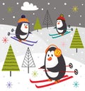 Winter poster with penguins skiing