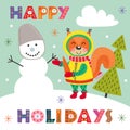 Winter poster with squirrel and snowman