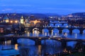 Winter Prague City with its Bridges above River Vltava after the Sunset, Czech Republic Royalty Free Stock Photo