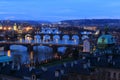 Winter Prague City with its Bridges above River Vltava after the Sunset, Czech Republic Royalty Free Stock Photo