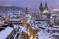 Winter in Prague - city panorama with Tyn Cathedral and Clock To Royalty Free Stock Photo