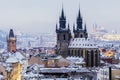 Winter in Prague - city panorama with Tyn Cathedral and Clock To Royalty Free Stock Photo