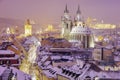 Winter in Prague - city panorama with Tyn Cathedral and Clock To Royalty Free Stock Photo