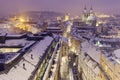 Winter in Prague - city panorama with Tyn Cathedral and Clock Tower Royalty Free Stock Photo