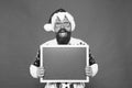 Winter price drop. Bearded hipster Santa claus. Joyful man show blackboard copy space. Happy winter holidays