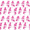 Winter Print. Seamless background with snowmen. Cute snowmen in pink winter hats and scarves. Christmas Pattern Royalty Free Stock Photo