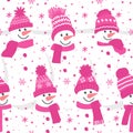 Winter Print. Seamless background with snowmen, snowflakes. Cute snowmen in pink winter hats and scarves. Christmas Pattern Royalty Free Stock Photo