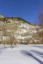 Winter pyrenes landscape near Village of Canillo, trekking and cycling trail. Royalty Free Stock Photo