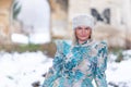 Winter queen in an abandoned castle. A beautiful woman in a winter suit Royalty Free Stock Photo