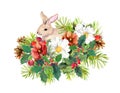 Winter rabbit, flowers, pine tree, mistletoe. Christmas watercolor for greeting card with cute animal Royalty Free Stock Photo