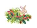 Winter rabbit, flowers, pine tree, mistletoe. Christmas watercolor for greeting card with cute animal