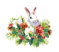 Winter rabbit, flowers, pine tree, mistletoe. Christmas watercolor for greeting card with cute animal