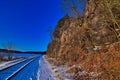 Winter on the rail tracks in Devils Lake State Park suns setting rays Royalty Free Stock Photo