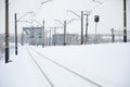 Winter railway landscape, Railway tracks in the snow-covered industrial country Royalty Free Stock Photo