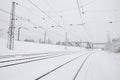 Winter railway landscape, Railway tracks in the snow-covered industrial country Royalty Free Stock Photo