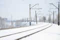 Winter railway landscape, Railway tracks in the snow-covered industrial country Royalty Free Stock Photo