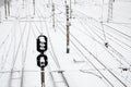 Winter railway landscape, Railway tracks in the snow-covered industrial country Royalty Free Stock Photo