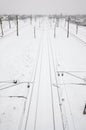 Winter railway landscape, Railway tracks in the snow-covered industrial country Royalty Free Stock Photo