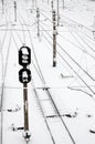 Winter railway landscape, Railway tracks in the snow-covered industrial country Royalty Free Stock Photo