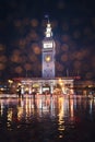 Winter Rain at San Francisco Ferry Building with Light Reflections