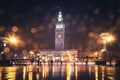 Winter Rain at San Francisco Ferry Building with Light Reflections Royalty Free Stock Photo
