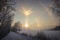 Winter rainbow in russia in forest halo