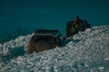 Winter rally competition with snow. Offroad car on snow bad road. Off road jeep expedition to the mountain road. Snow in Royalty Free Stock Photo