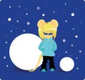Cartoon rat in winter overalls under the snow. Year of the rat. Chinese horoscope. Beauty mouse.
